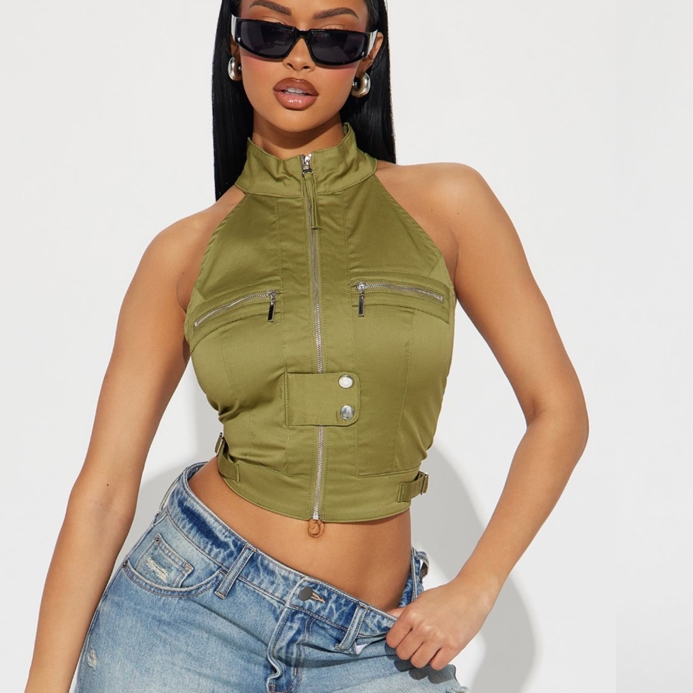 Olive high neck sleeveless top with zipper.